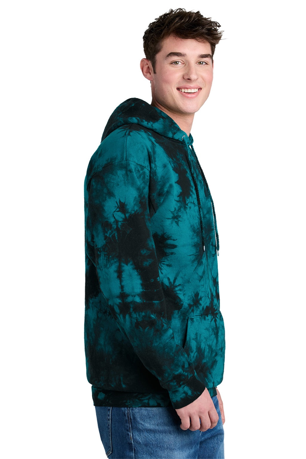 Mens Crystal Tie-Dye Hooded Sweatshirt Hoodie w/ Pouch Pocket - Black/Teal Green