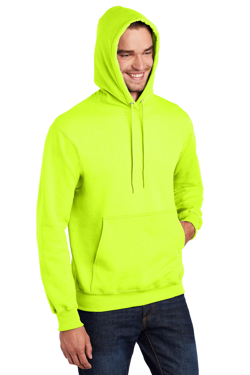 Mens Essential Pill Resistant Fleece Hooded Sweatshirt Hoodie w/ Pouch Pocket - Safety Green