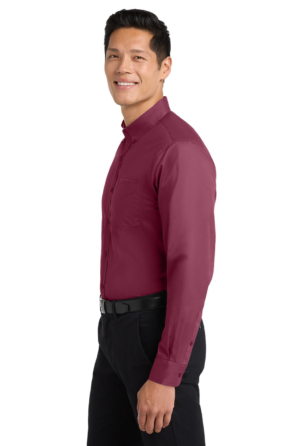 Mens Easy Care Wrinkle Resistant Long Sleeve Button Down Shirt w/ Pocket - Burgundy/Light Stone