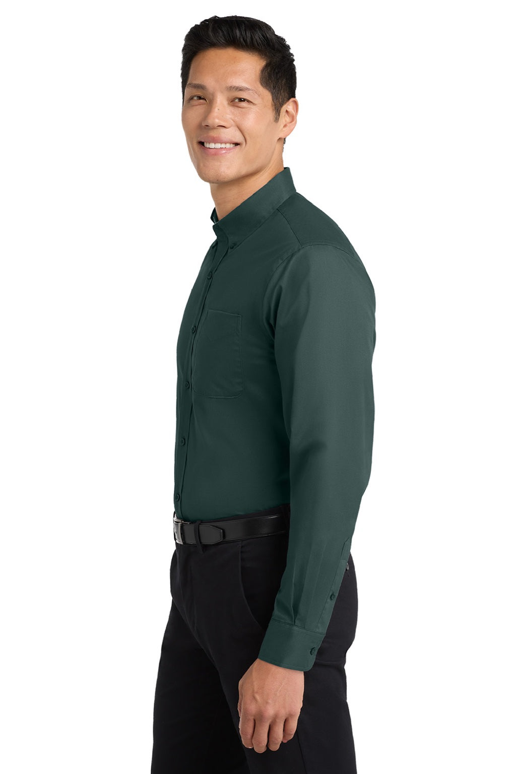Mens Easy Care Wrinkle Resistant Long Sleeve Button Down Shirt w/ Pocket - Dark Green/Navy Blue