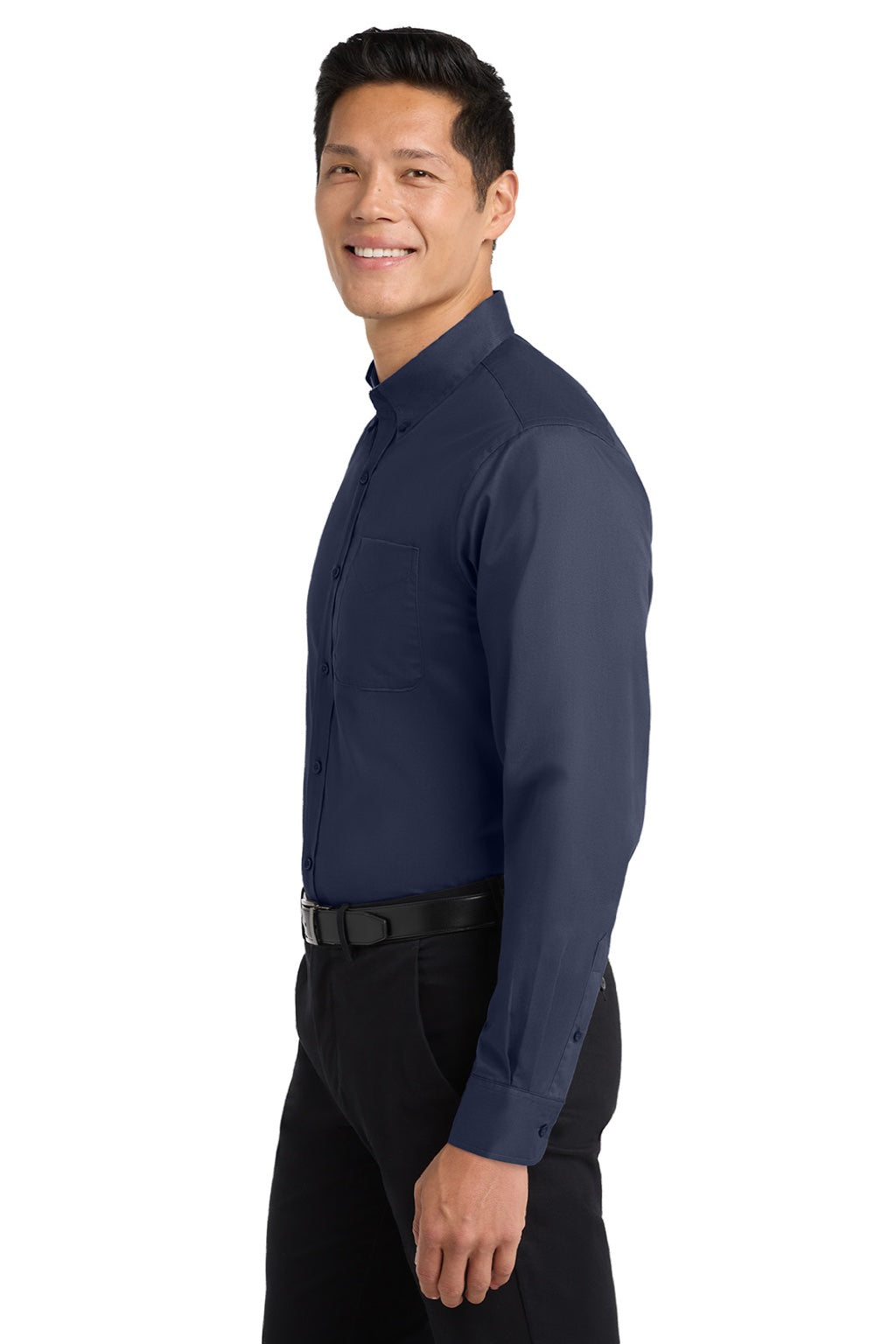 Mens Easy Care Wrinkle Resistant Long Sleeve Button Down Shirt w/ Pocket - Navy Blue/Light Stone