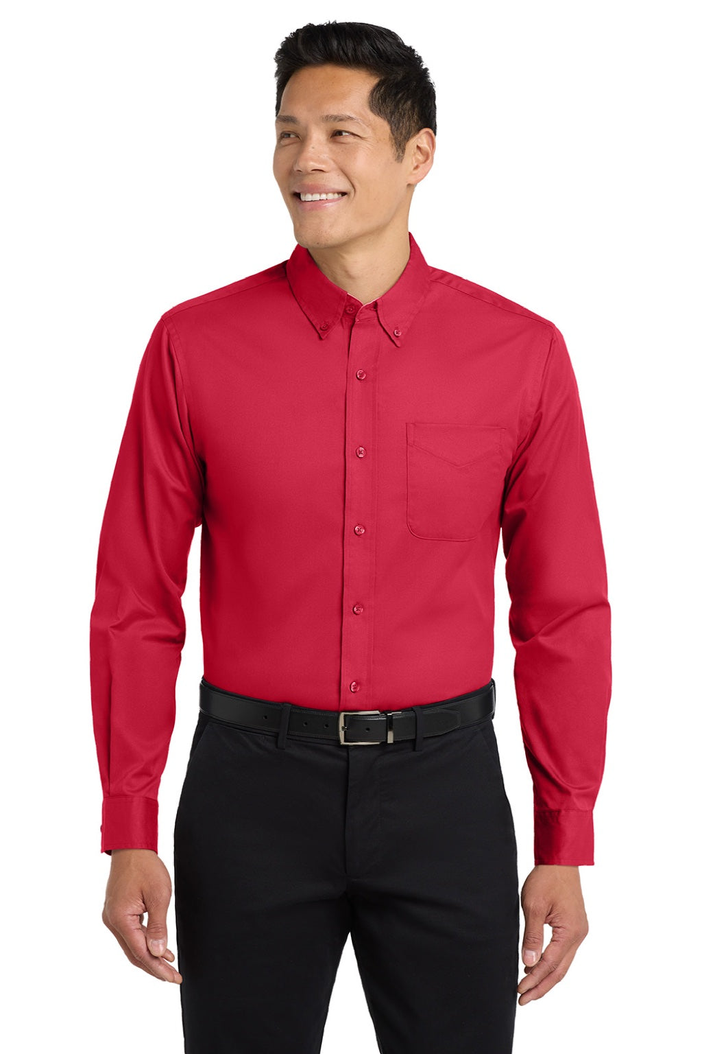 Mens Easy Care Wrinkle Resistant Long Sleeve Button Down Shirt w/ Pocket - Red/Light Stone