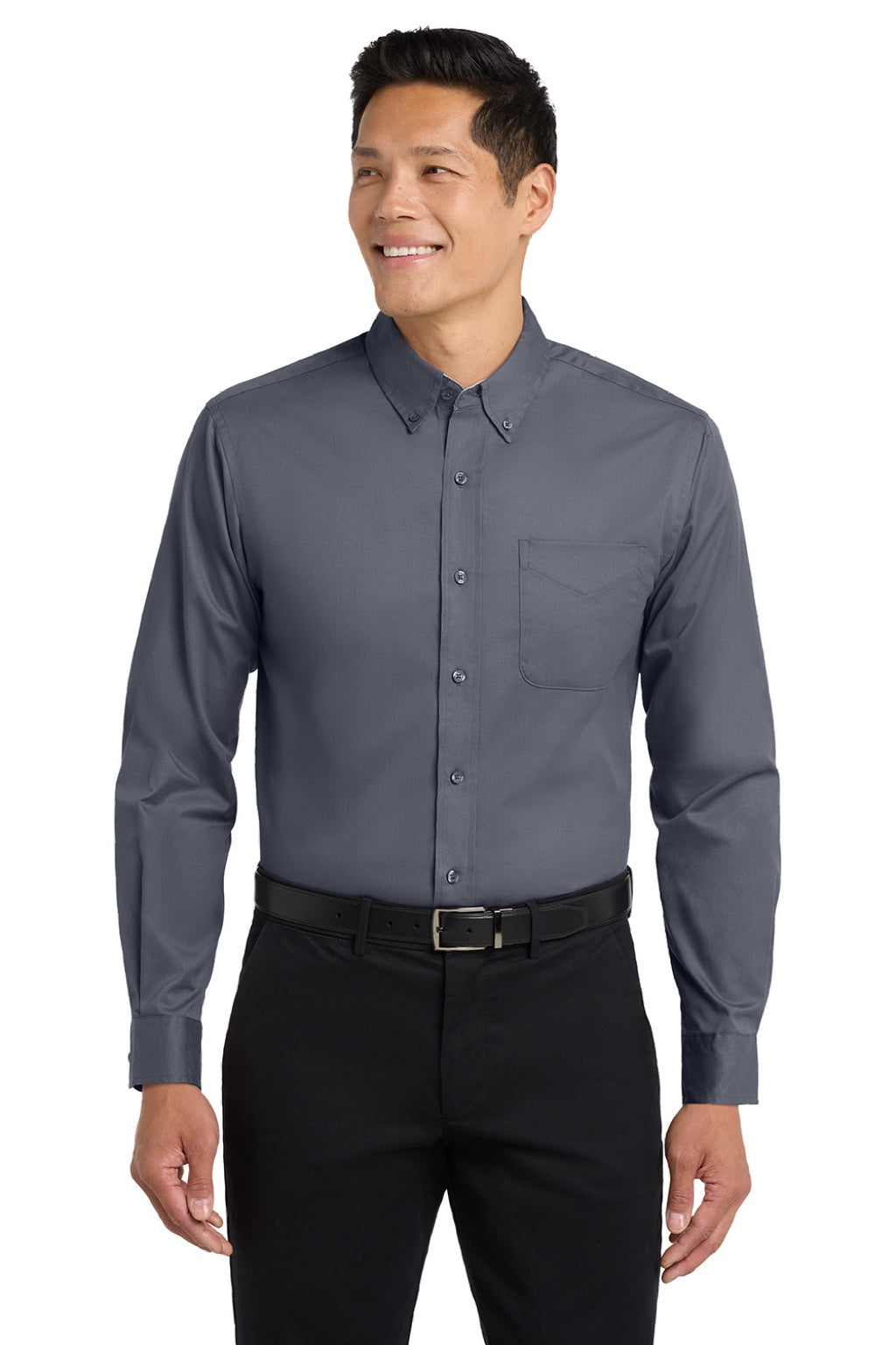 Mens Easy Care Wrinkle Resistant Long Sleeve Button Down Shirt w/ Pocket - Steel Grey/Light Stone