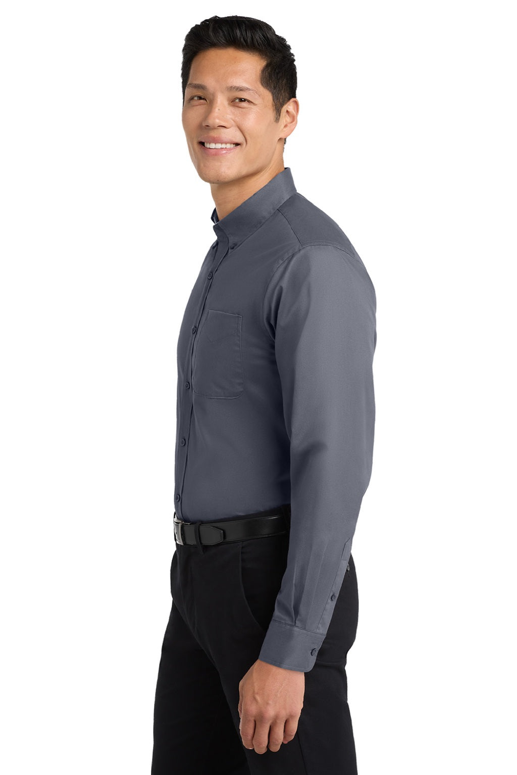 Mens Easy Care Wrinkle Resistant Long Sleeve Button Down Shirt w/ Pocket - Steel Grey/Light Stone