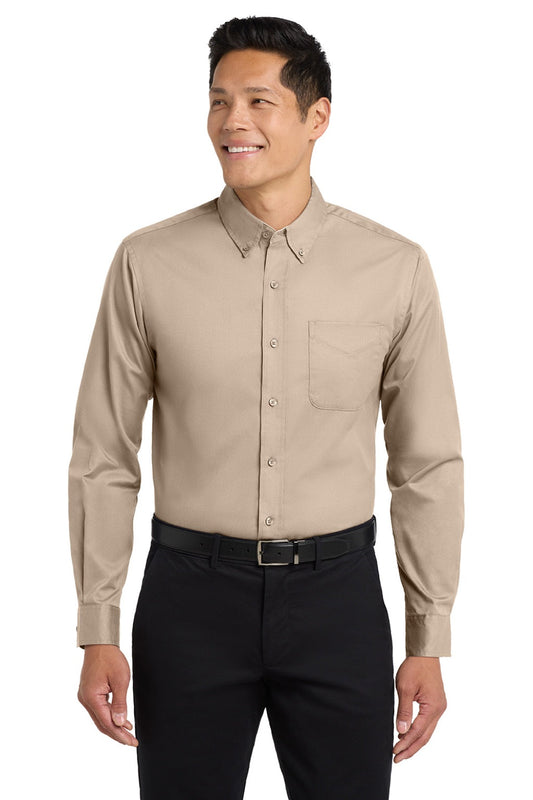 Mens Easy Care Wrinkle Resistant Long Sleeve Button Down Shirt w/ Pocket - Stone Brown