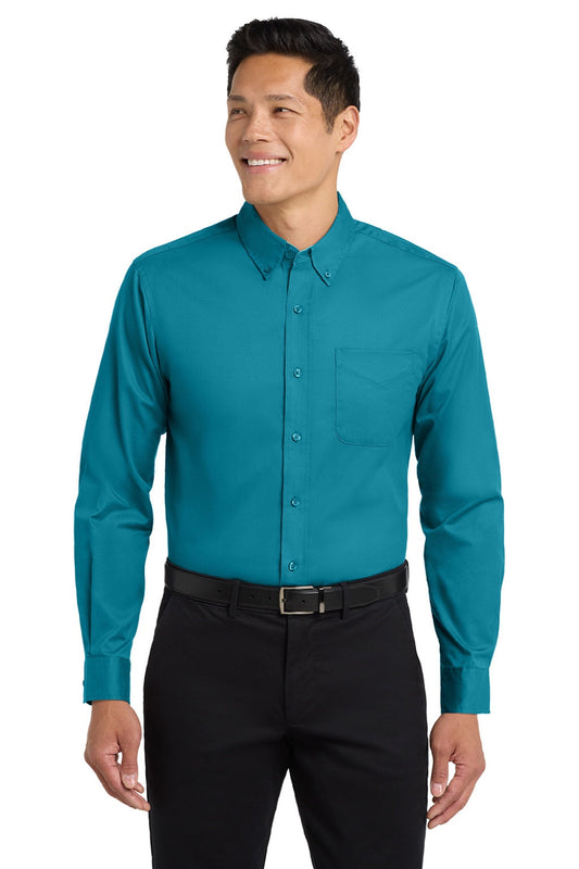 Mens Easy Care Wrinkle Resistant Long Sleeve Button Down Shirt w/ Pocket - Teal Green