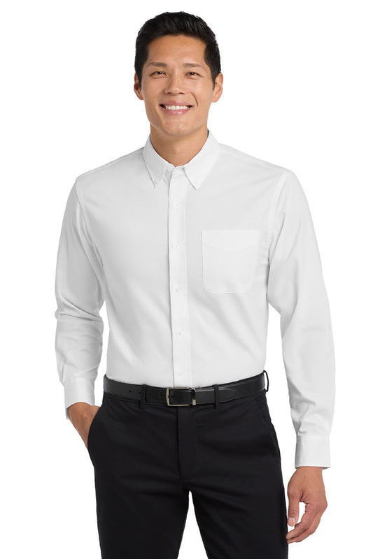Mens Easy Care Wrinkle Resistant Long Sleeve Button Down Shirt w/ Pocket - White/Light Stone