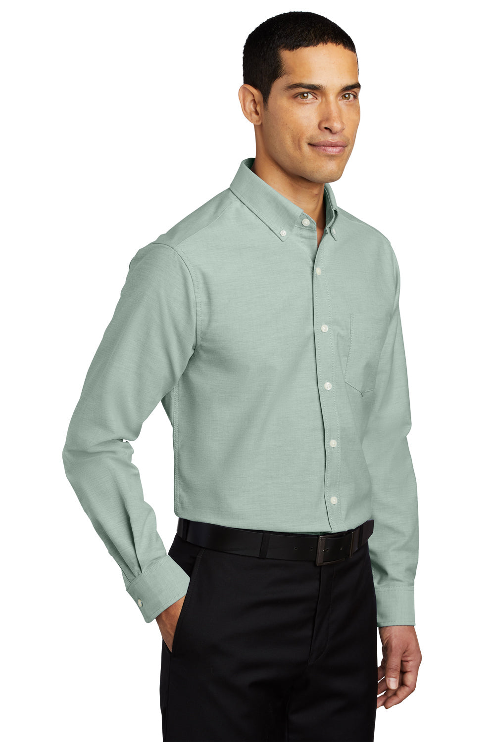 Mens SuperPro Oxford Wrinkle Resistant Long Sleeve Button Down Shirt w/ Pocket - Green
