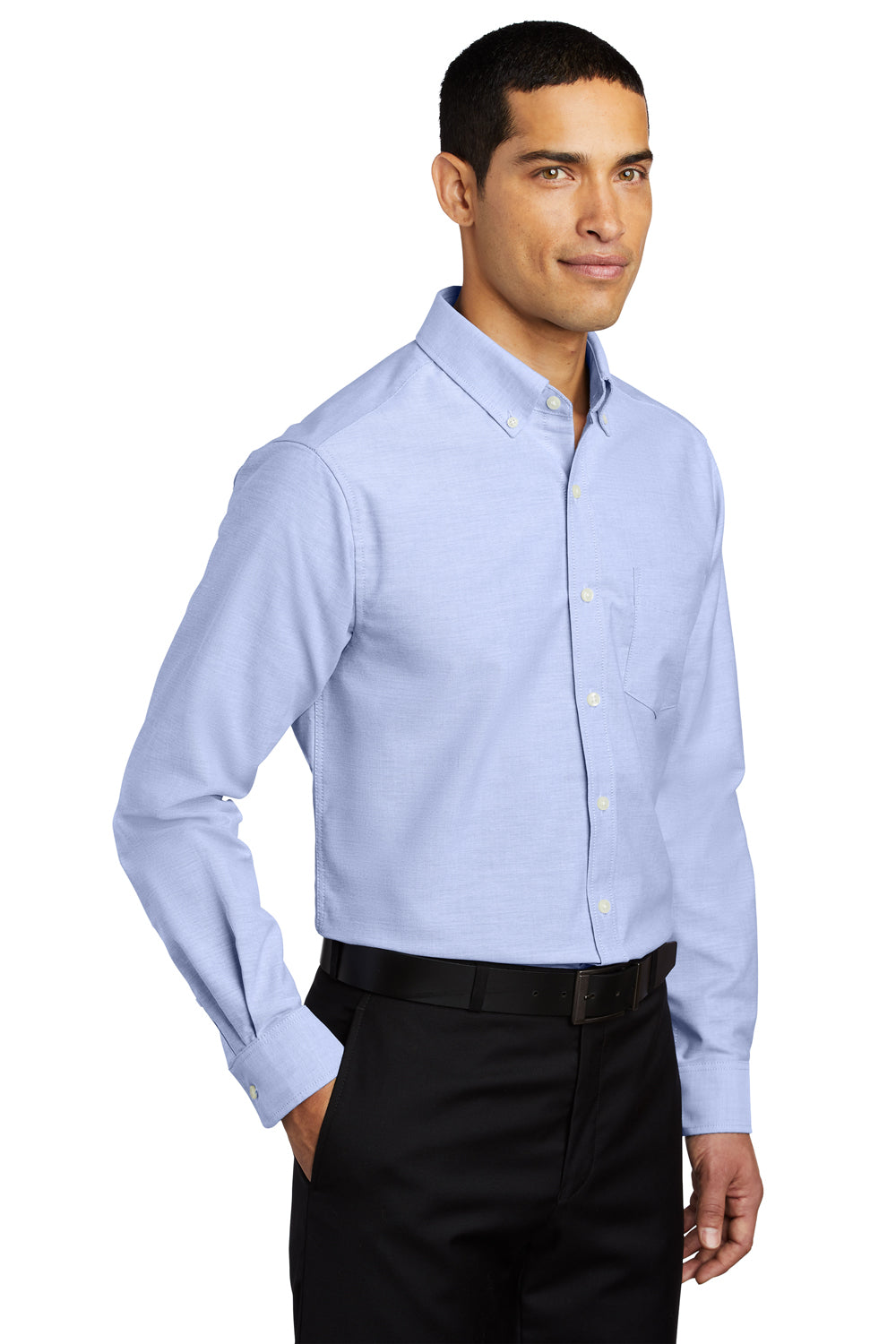 Mens SuperPro Oxford Wrinkle Resistant Long Sleeve Button Down Shirt w/ Pocket - Oxford Blue
