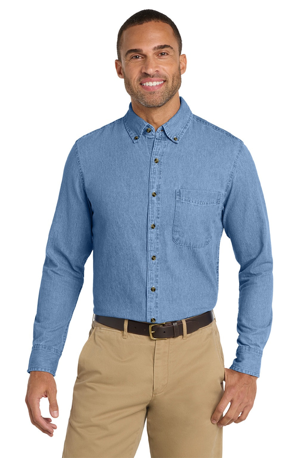Mens Denim Long Sleeve Button Down Shirt w/ Pocket - Faded Blue