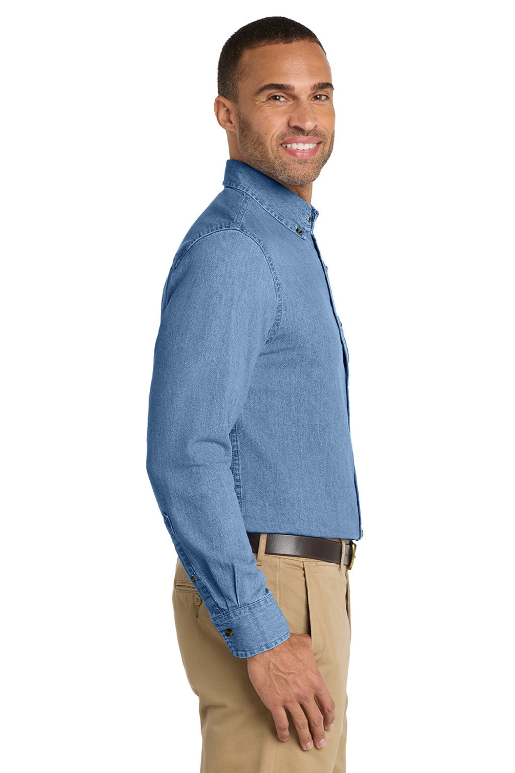 Mens Denim Long Sleeve Button Down Shirt w/ Pocket - Faded Blue
