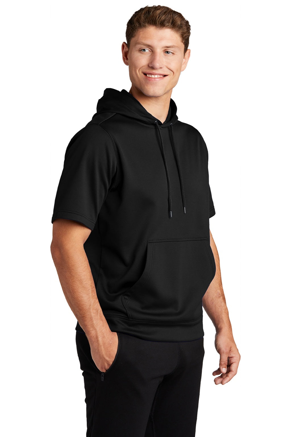 Mens Moisture Wicking Fleece Short Sleeve Hooded Sweatshirt Hoodie w/ Pouch Pocket - Black