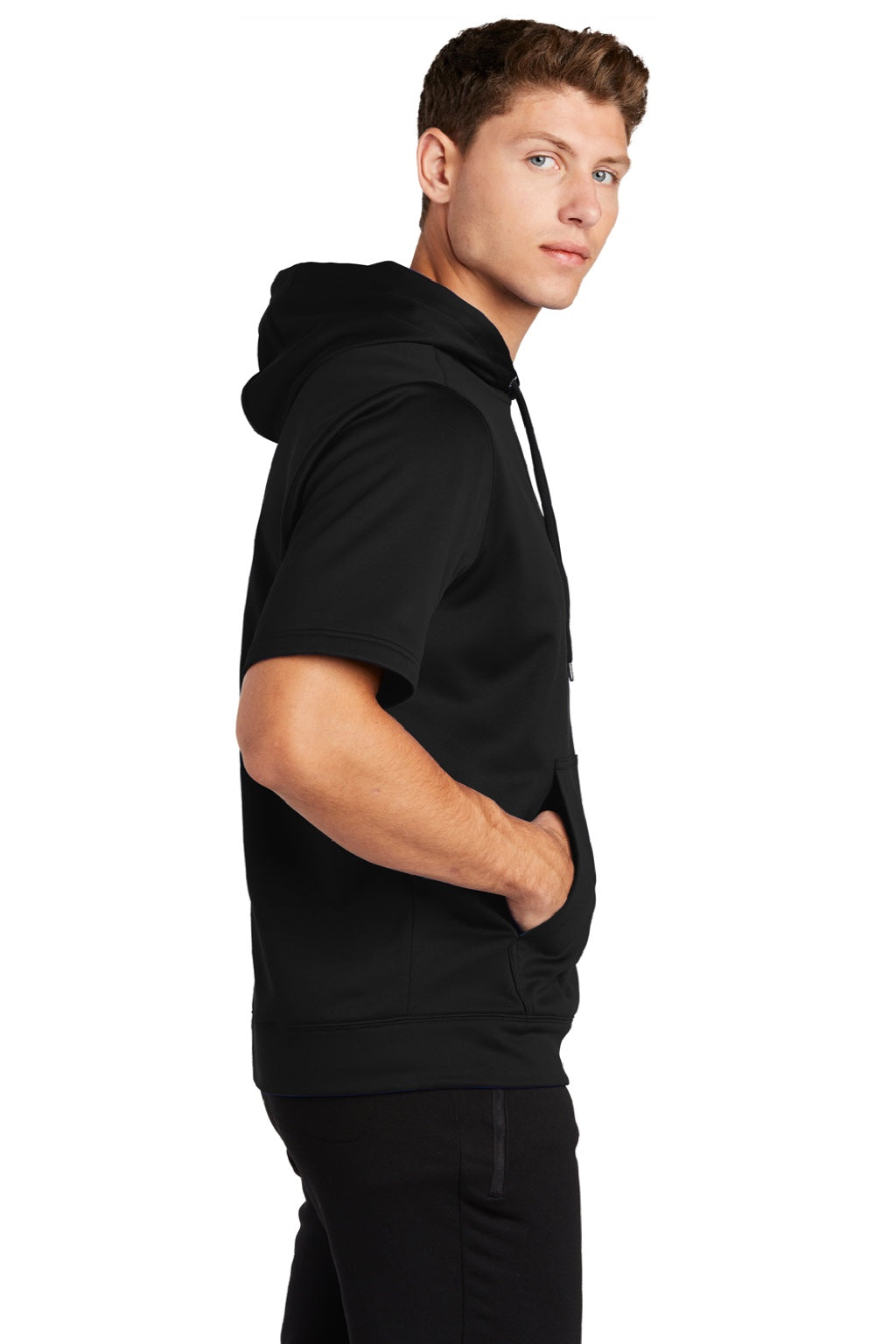 Mens Moisture Wicking Fleece Short Sleeve Hooded Sweatshirt Hoodie w/ Pouch Pocket - Black