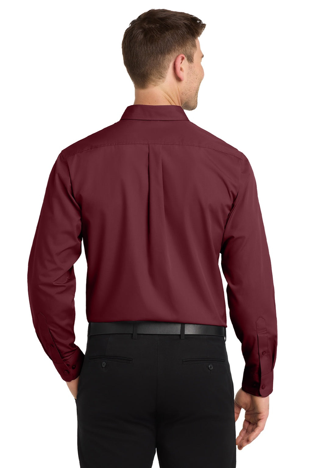 Mens Carefree Stain Resistant Long Sleeve Button Down Shirt w/ Pocket - Burgundy