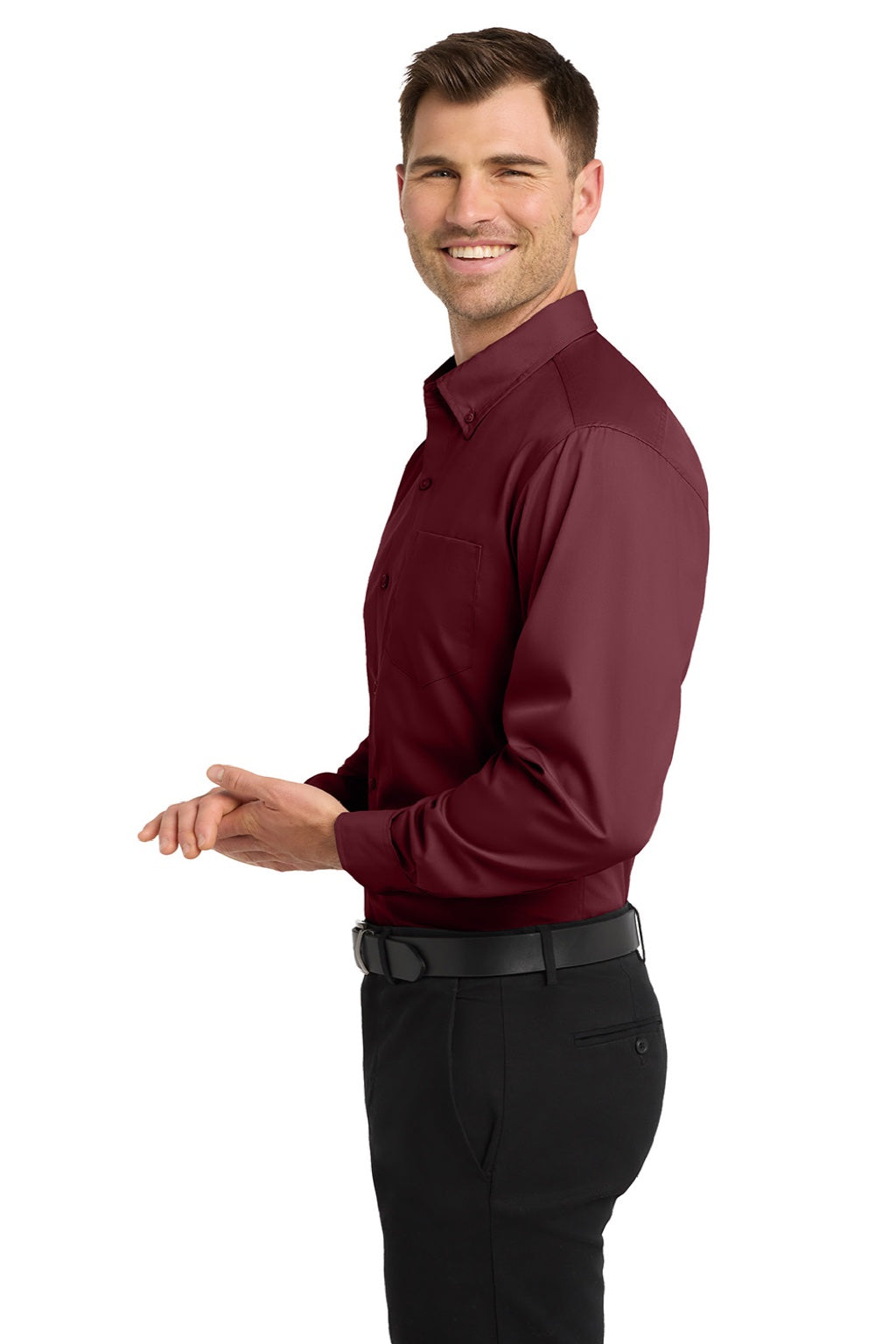 Mens Carefree Stain Resistant Long Sleeve Button Down Shirt w/ Pocket - Burgundy