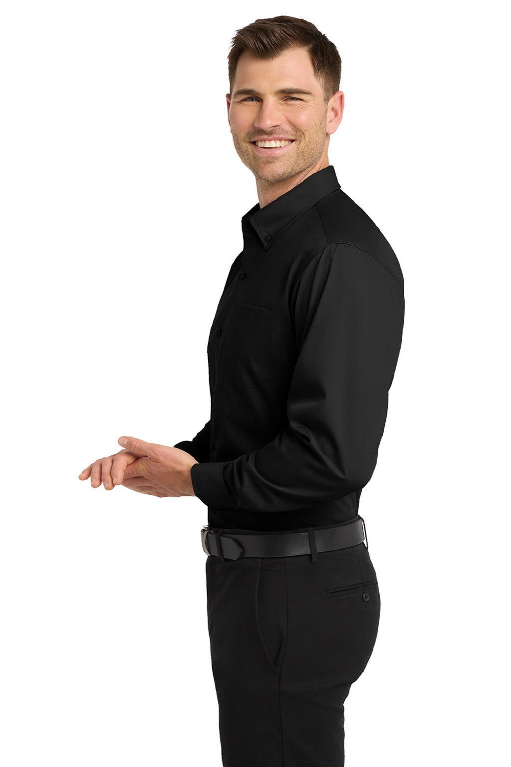 Mens Carefree Stain Resistant Long Sleeve Button Down Shirt w/ Pocket - Deep Black