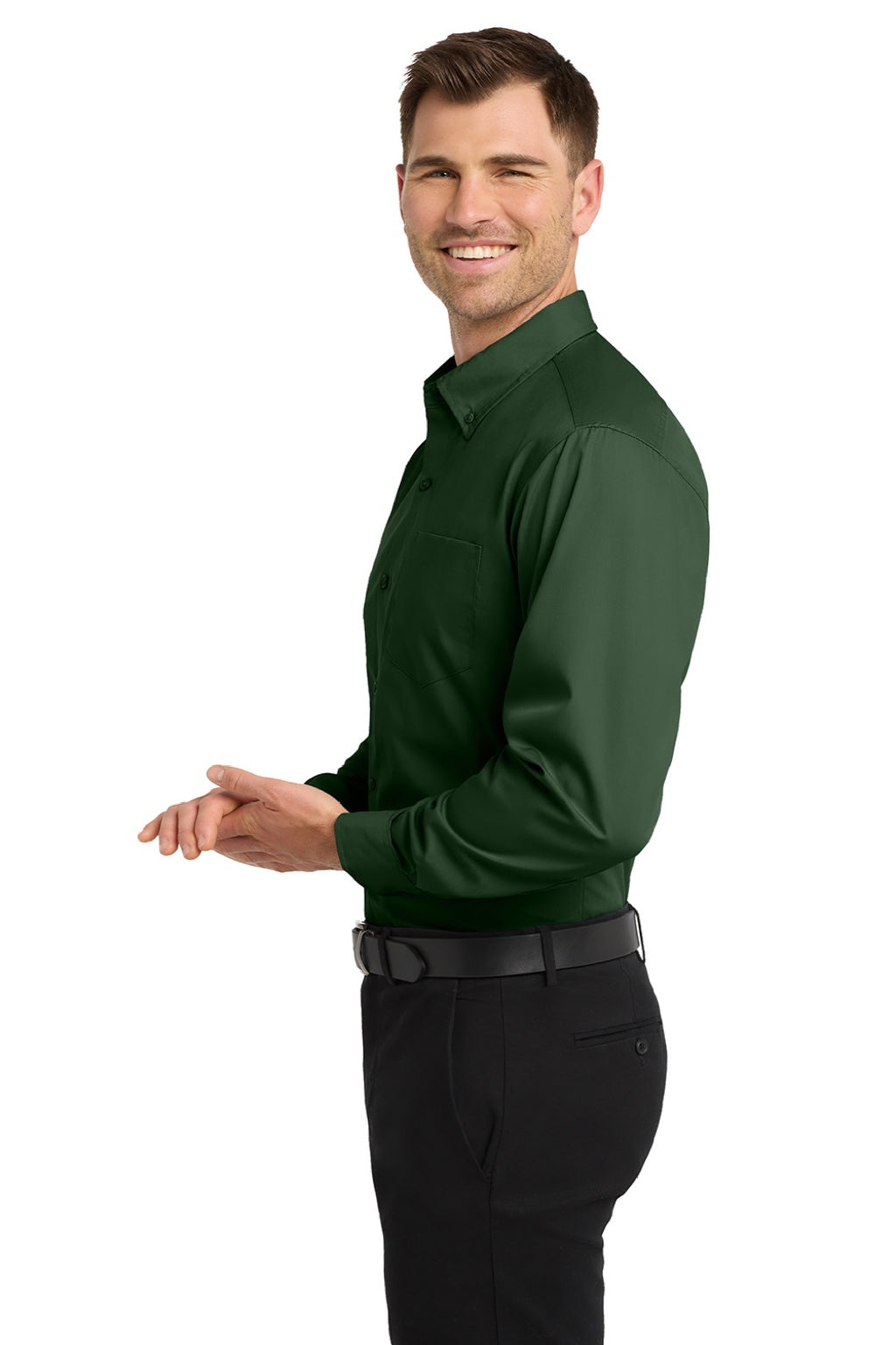 Mens Carefree Stain Resistant Long Sleeve Button Down Shirt w/ Pocket - Deep Forest Green