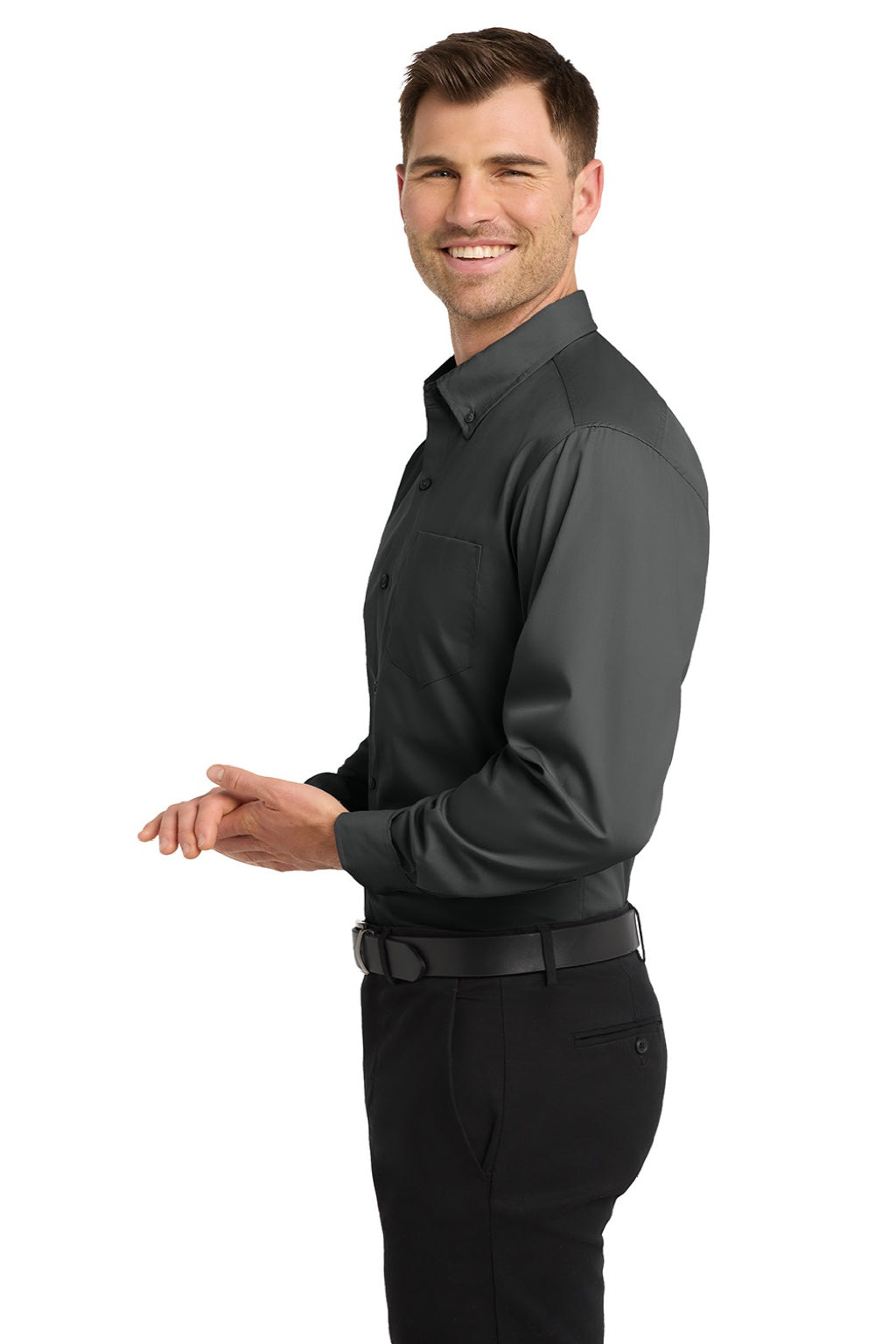Mens Carefree Stain Resistant Long Sleeve Button Down Shirt w/ Pocket - Graphite Grey