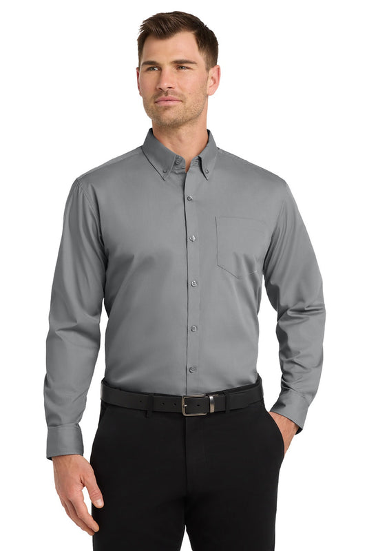 Mens Carefree Stain Resistant Long Sleeve Button Down Shirt w/ Pocket - Gusty Grey