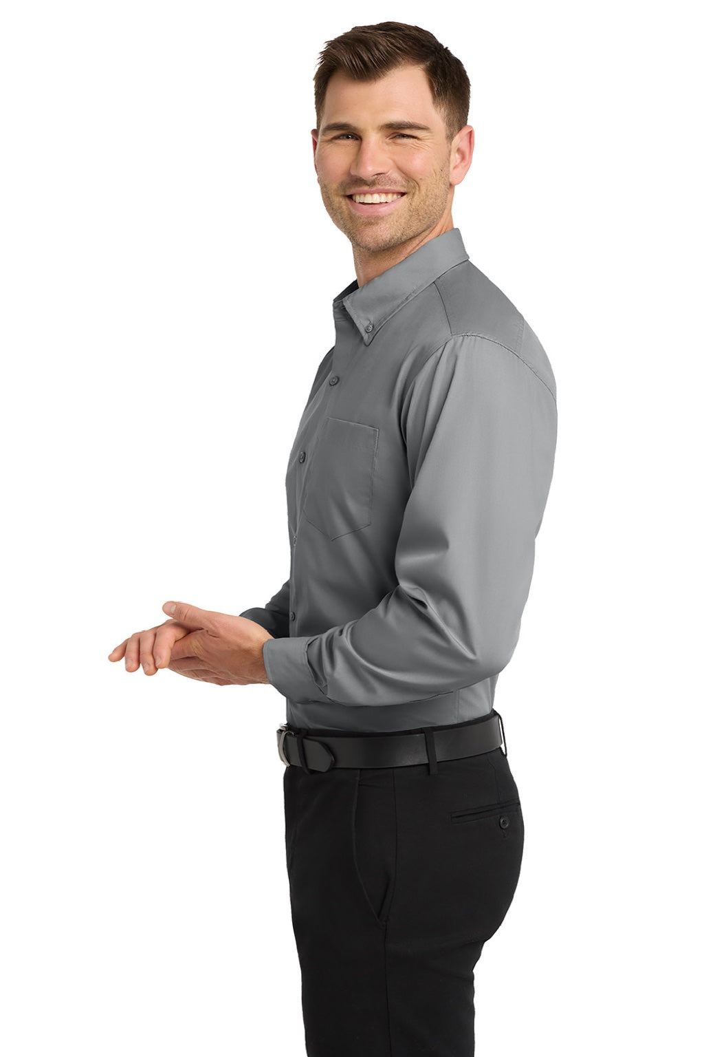 Mens Carefree Stain Resistant Long Sleeve Button Down Shirt w/ Pocket - Gusty Grey