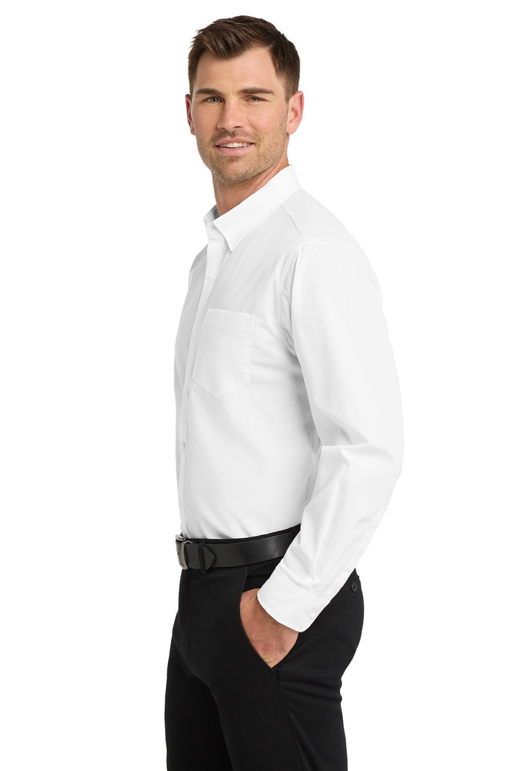 Mens Carefree Stain Resistant Long Sleeve Button Down Shirt w/ Pocket - White