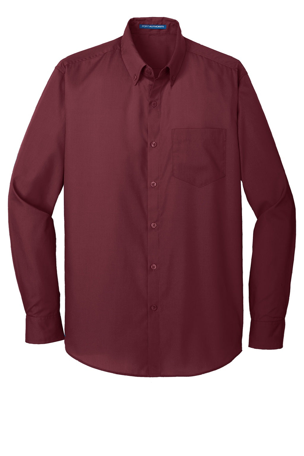 Mens Carefree Stain Resistant Long Sleeve Button Down Shirt w/ Pocket - Burgundy
