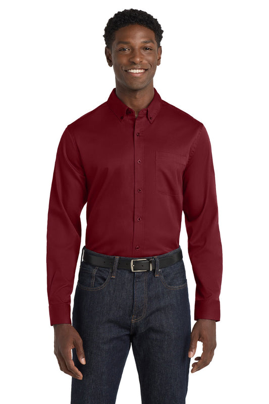 Mens SuperPro Wrinkle Resistant React Long Sleeve Button Down Shirt w/ Pocket - Burgundy