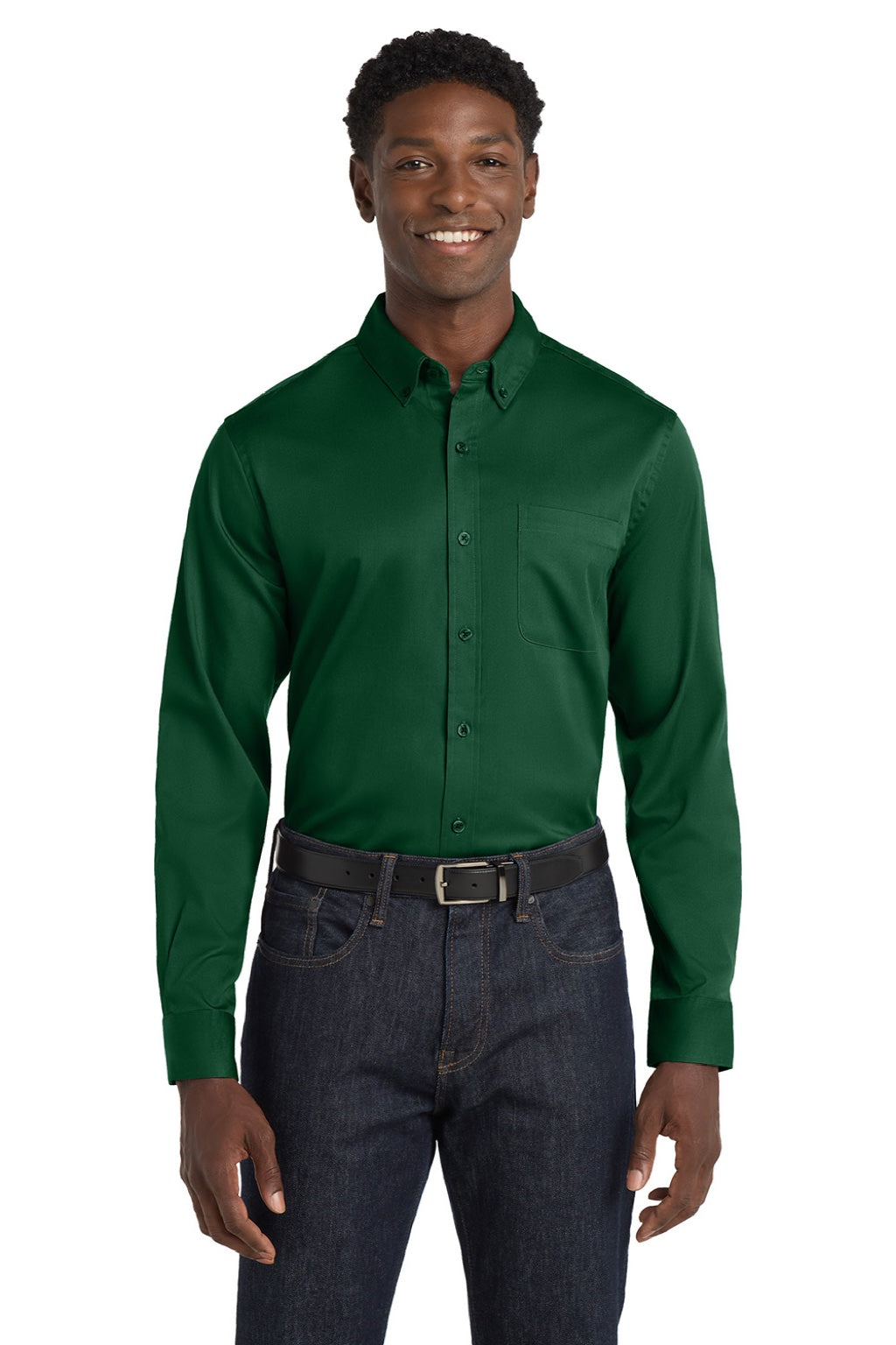 Mens SuperPro Wrinkle Resistant React Long Sleeve Button Down Shirt w/ Pocket - Dark Green