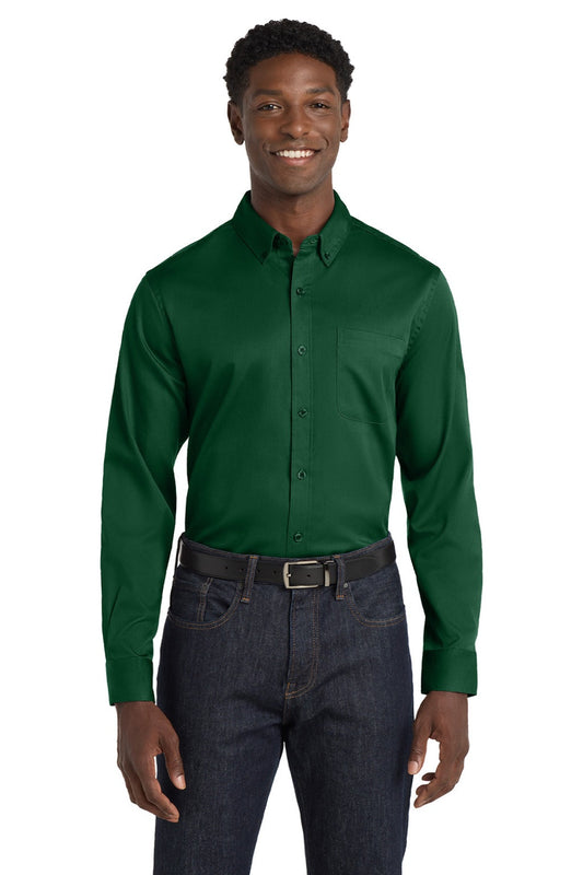 Mens SuperPro Wrinkle Resistant React Long Sleeve Button Down Shirt w/ Pocket - Dark Green