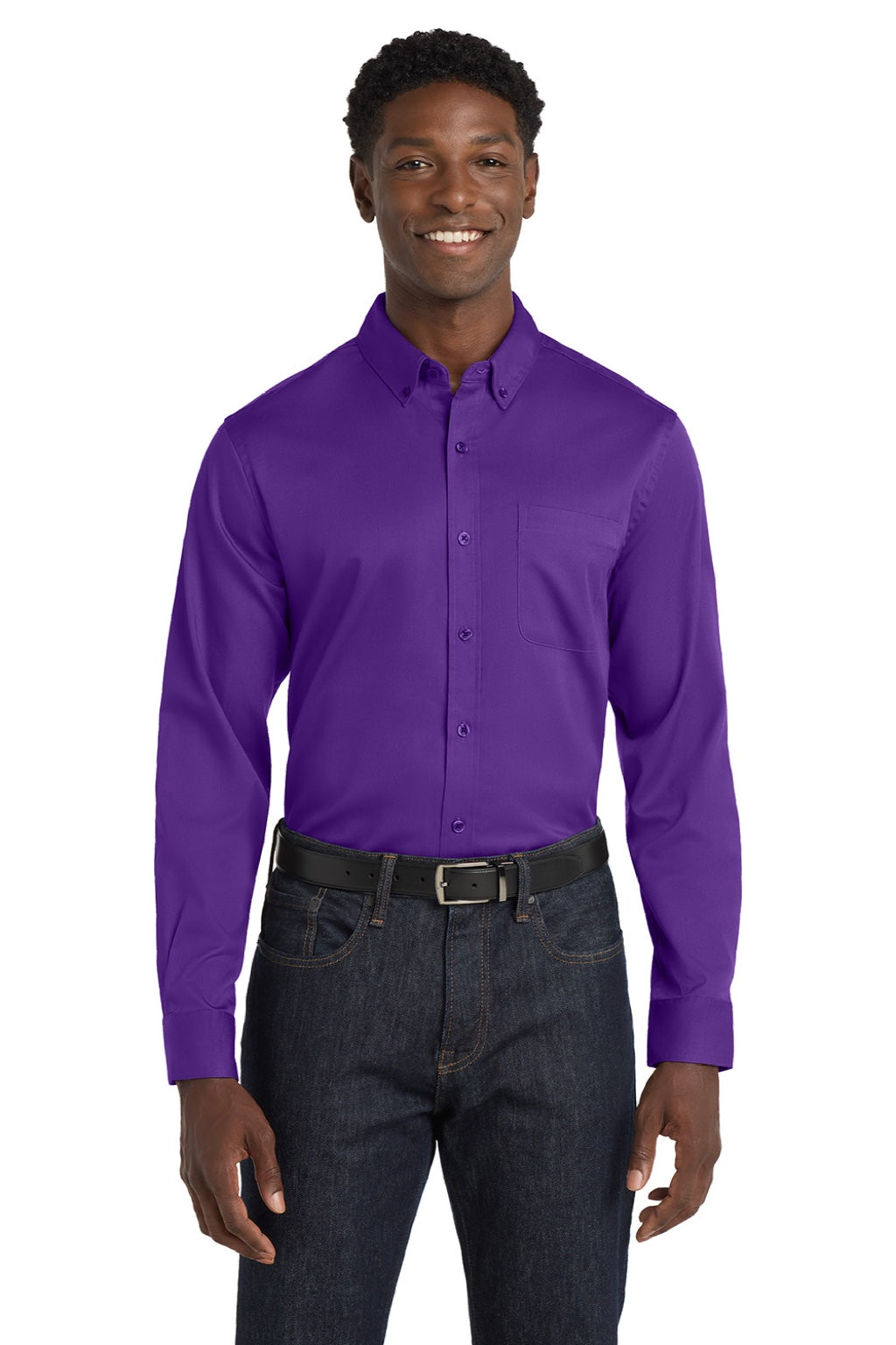 Mens SuperPro Wrinkle Resistant React Long Sleeve Button Down Shirt w/ Pocket - Purple