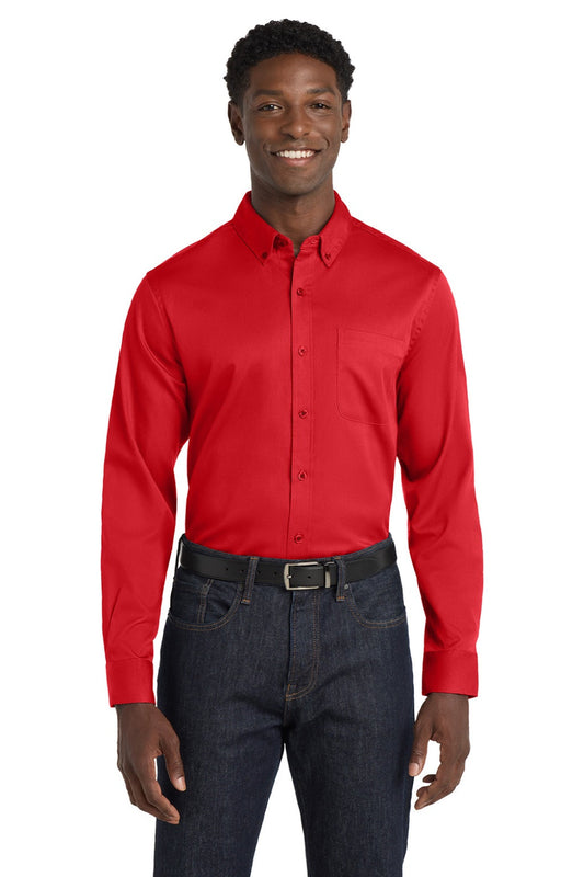 Mens SuperPro Wrinkle Resistant React Long Sleeve Button Down Shirt w/ Pocket - Rich Red