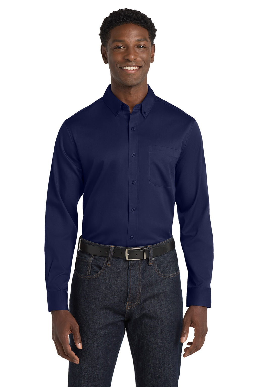 Mens SuperPro Wrinkle Resistant React Long Sleeve Button Down Shirt w/ Pocket - True Navy Blue
