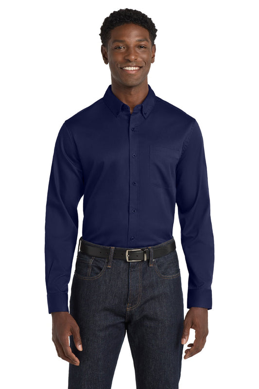 Mens SuperPro Wrinkle Resistant React Long Sleeve Button Down Shirt w/ Pocket - True Navy Blue