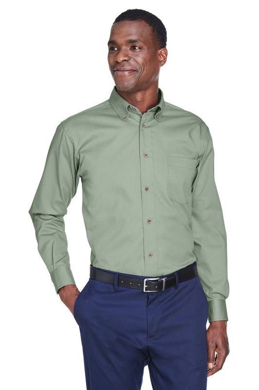 Mens Wrinkle Resistant Long Sleeve Button Down Shirt w/ Pocket - Dill Green