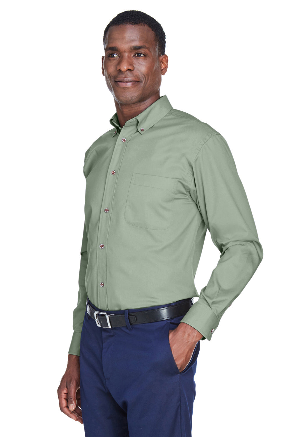 Mens Wrinkle Resistant Long Sleeve Button Down Shirt w/ Pocket - Dill Green