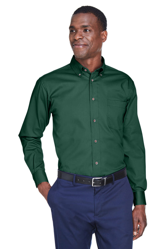 Mens Wrinkle Resistant Long Sleeve Button Down Shirt w/ Pocket - Hunter Green