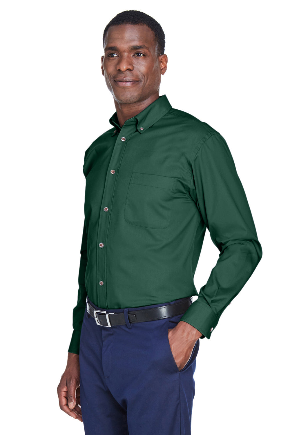 Mens Wrinkle Resistant Long Sleeve Button Down Shirt w/ Pocket - Hunter Green