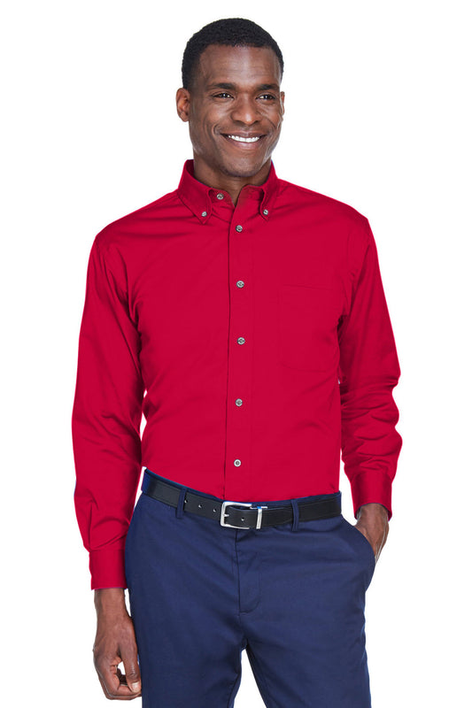 Mens Wrinkle Resistant Long Sleeve Button Down Shirt w/ Pocket - Red