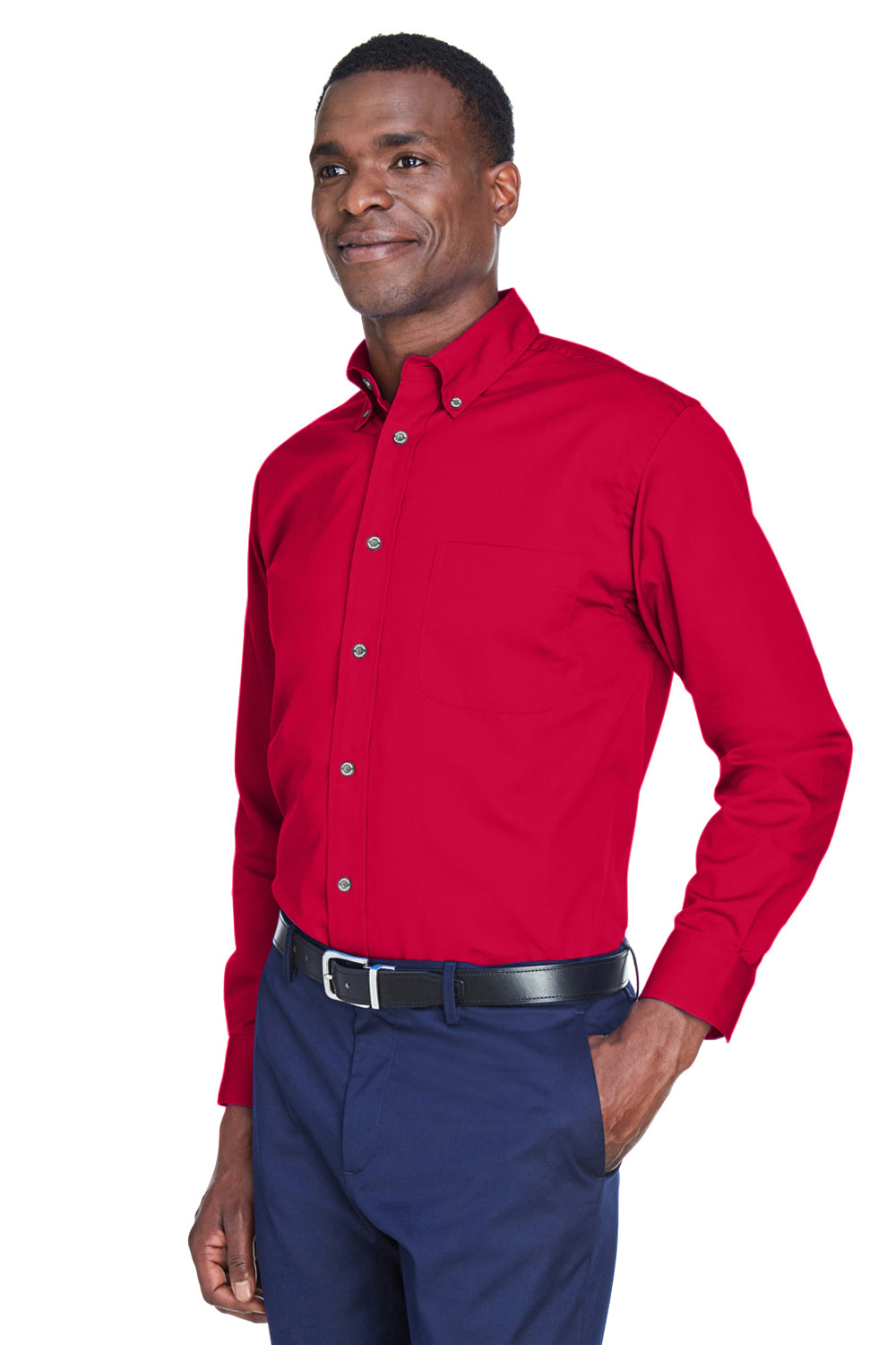 Mens Wrinkle Resistant Long Sleeve Button Down Shirt w/ Pocket - Red