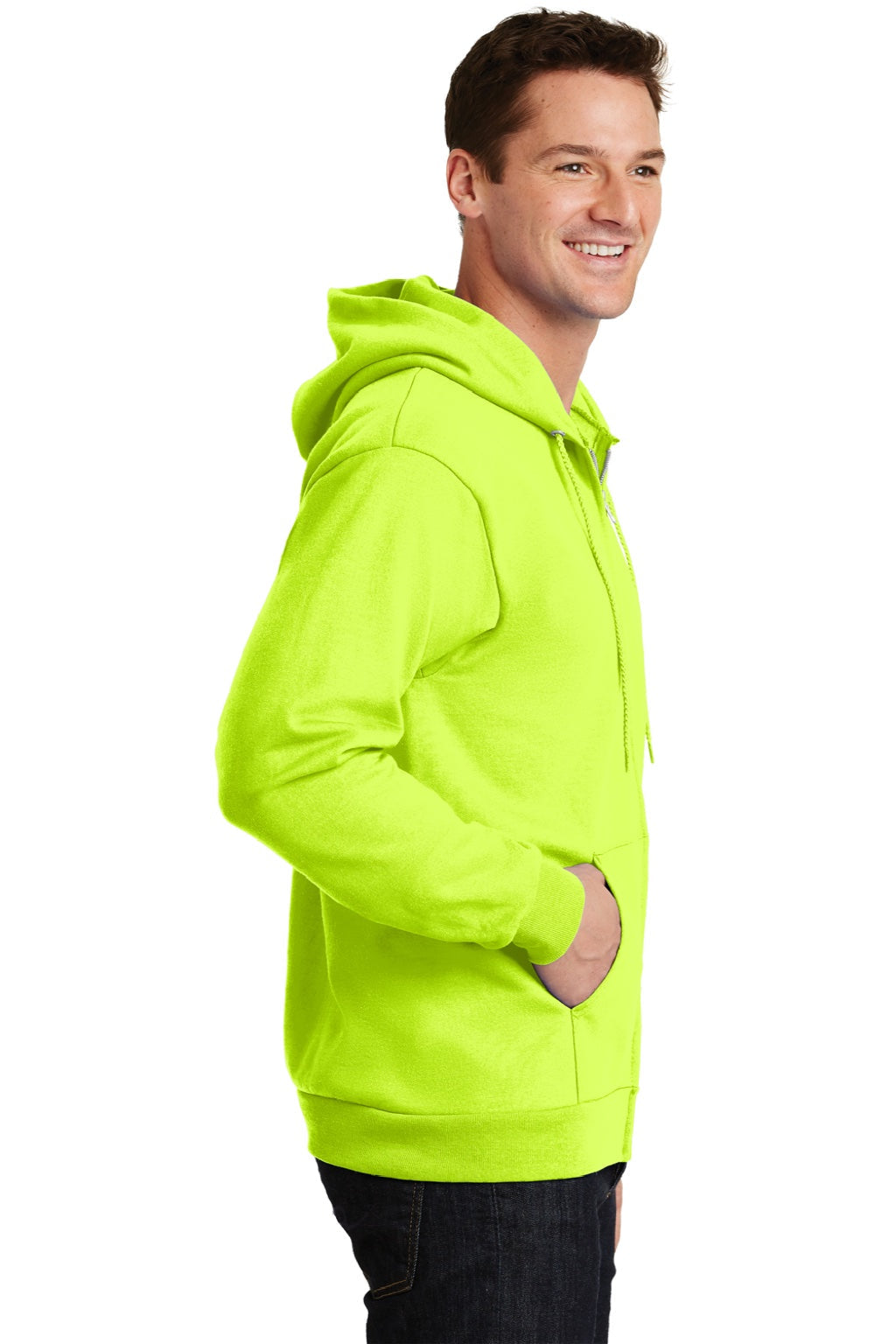 Mens Essential Pill Resistant Fleece Full Zip Hooded Sweatshirt Hoodie w/ Pockets - Safety Green