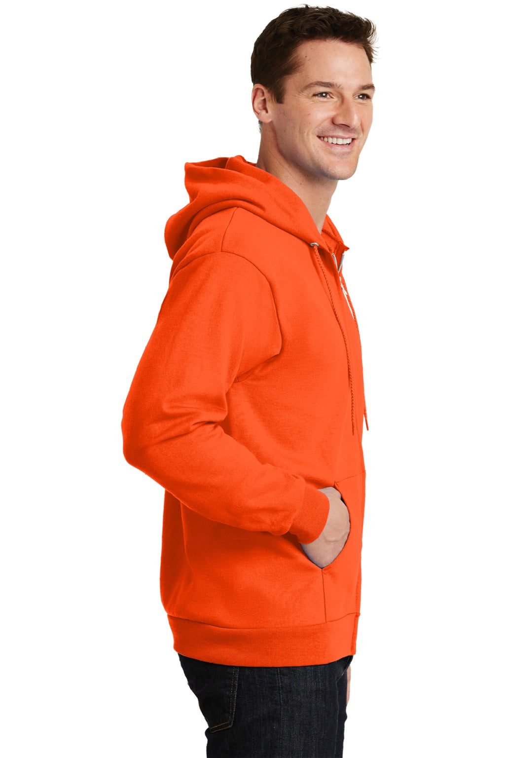 Mens Essential Pill Resistant Fleece Full Zip Hooded Sweatshirt Hoodie w/ Pockets - Safety Orange