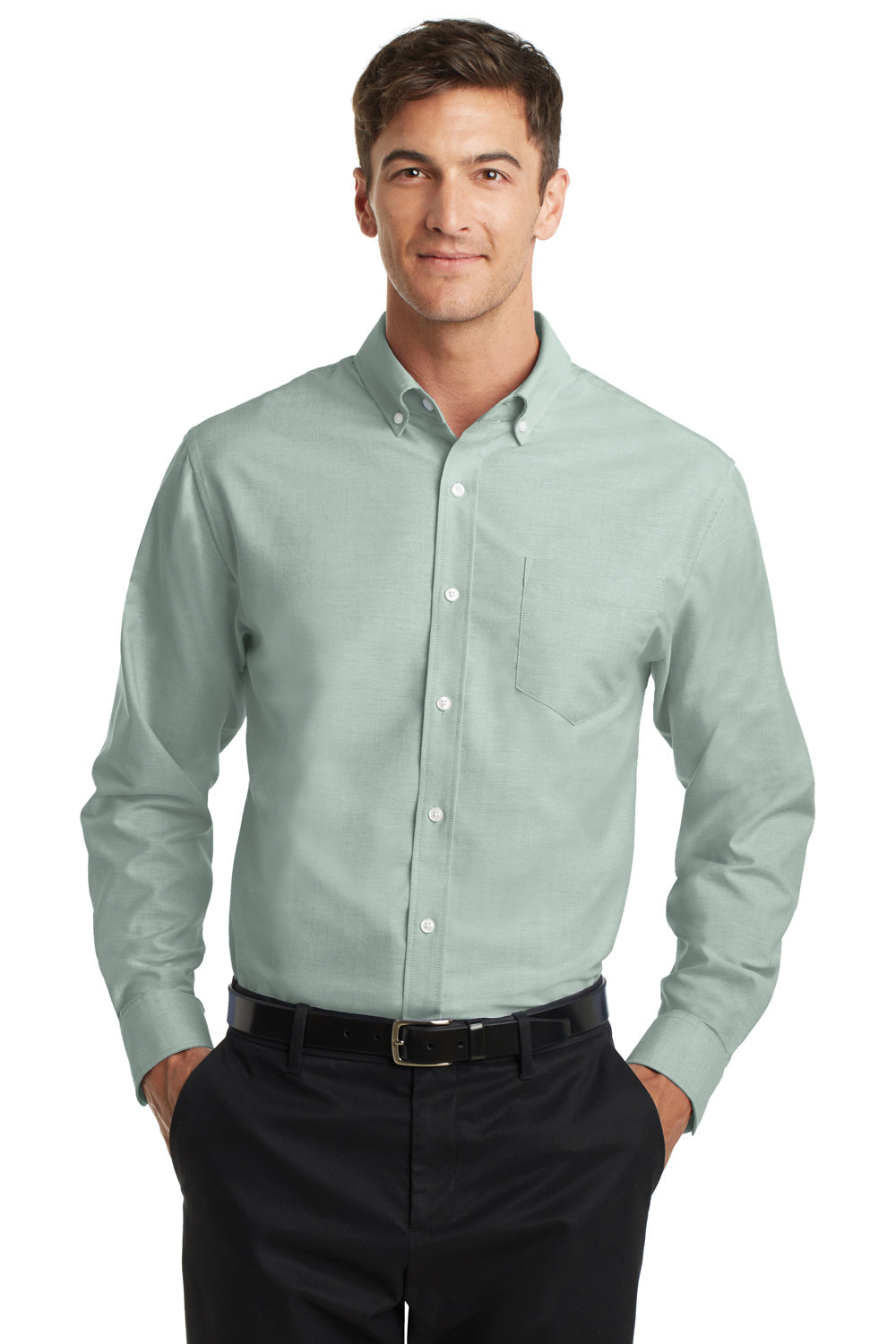 Mens SuperPro Oxford Wrinkle Resistant Long Sleeve Button Down Shirt w/ Pocket - Green