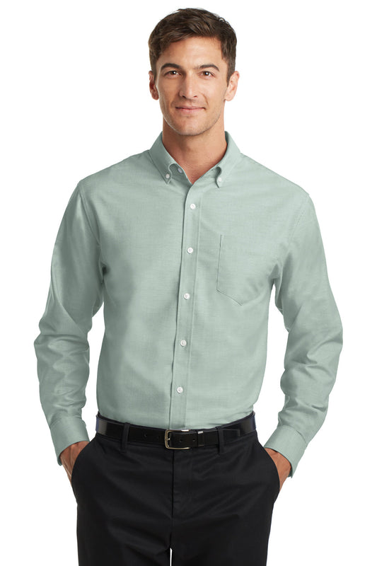 Mens SuperPro Oxford Wrinkle Resistant Long Sleeve Button Down Shirt w/ Pocket - Green