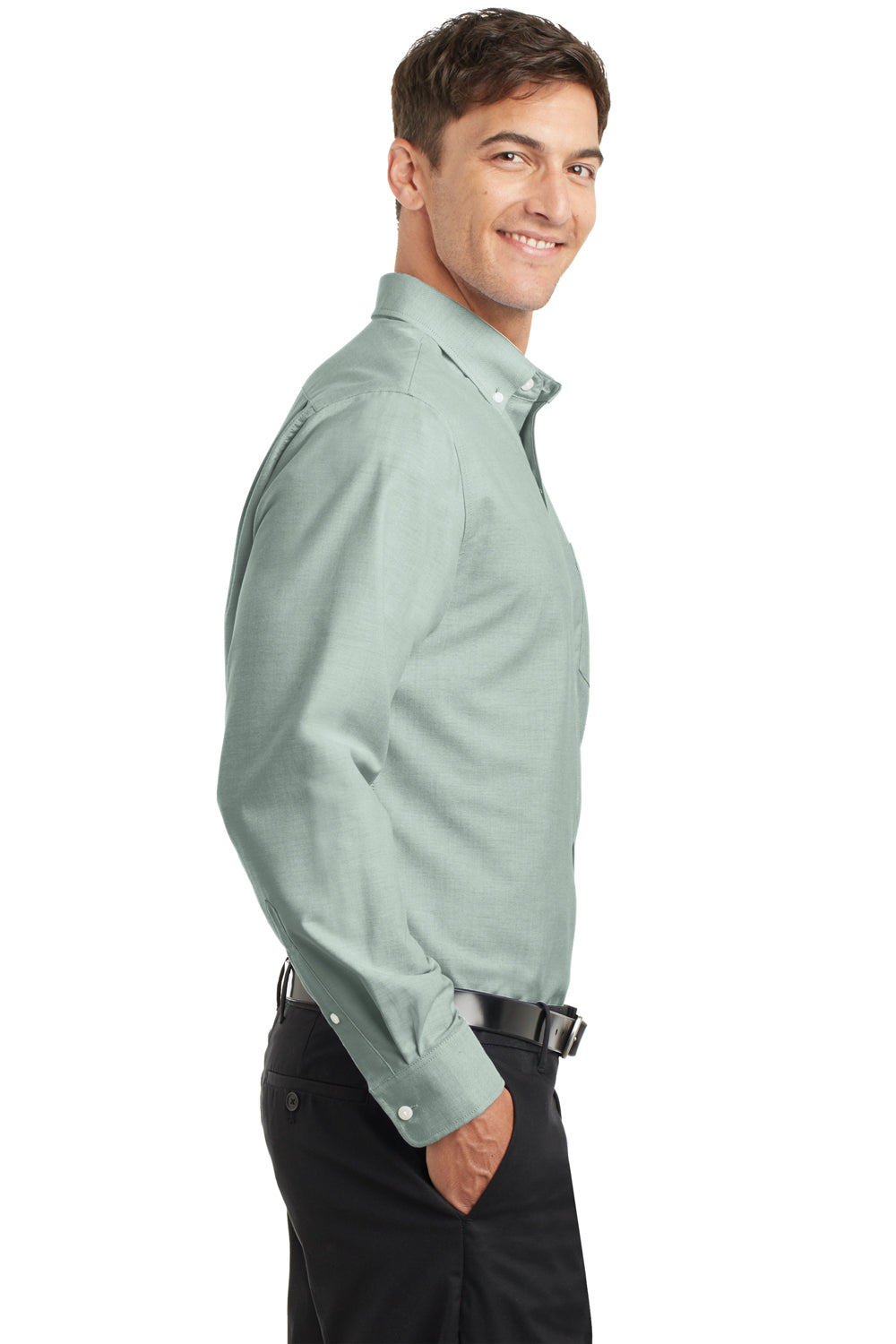 Mens SuperPro Oxford Wrinkle Resistant Long Sleeve Button Down Shirt w/ Pocket - Green