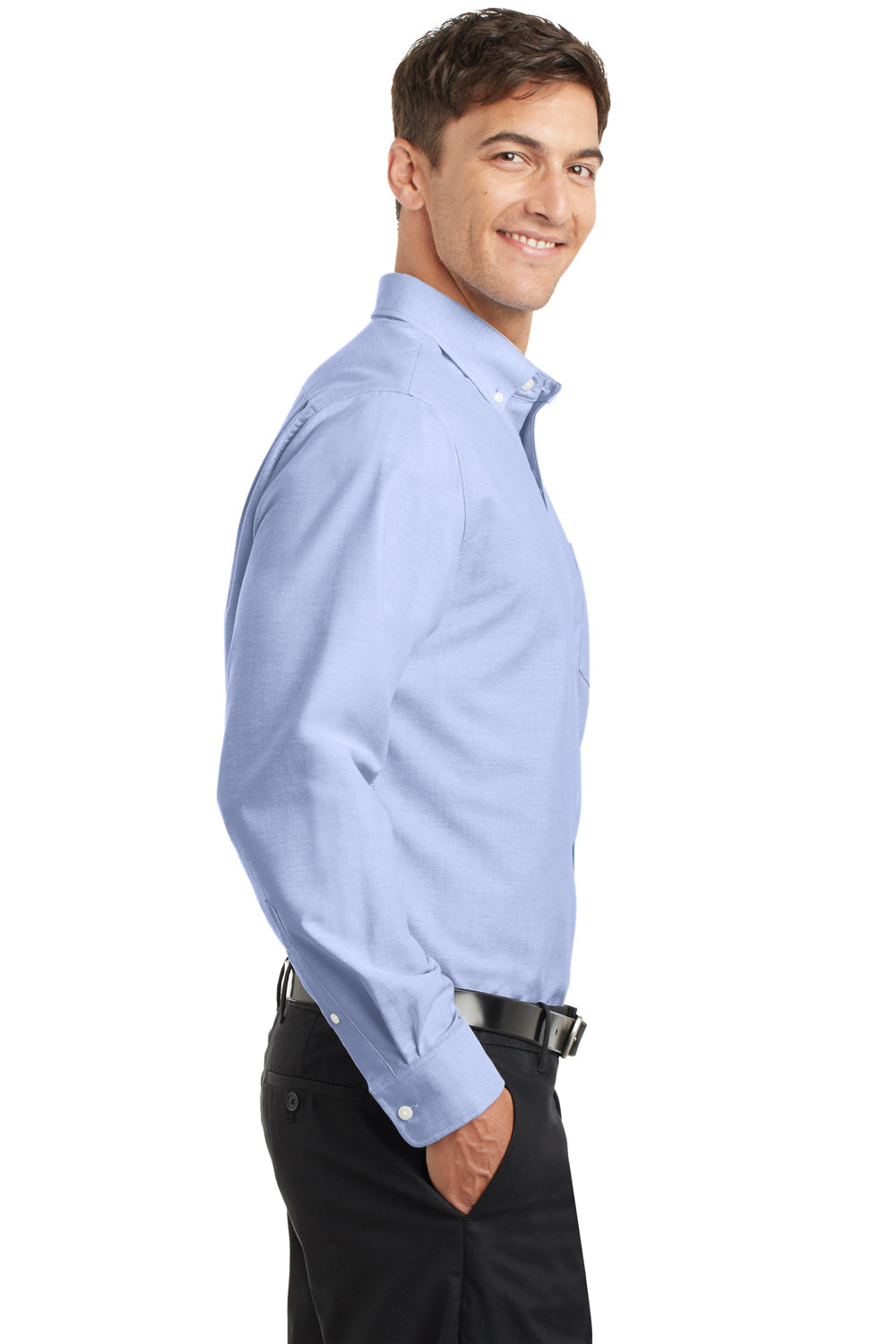 Mens SuperPro Oxford Wrinkle Resistant Long Sleeve Button Down Shirt w/ Pocket - Oxford Blue