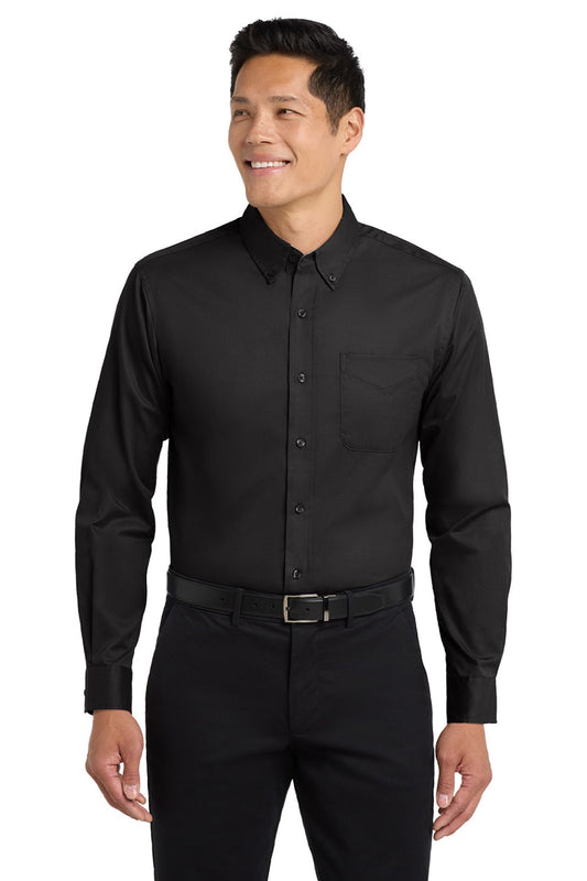 Mens Easy Care Wrinkle Resistant Long Sleeve Button Down Shirt w/ Pocket - Black/Light Stone