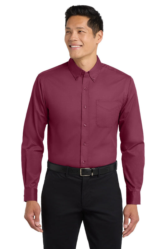 Mens Easy Care Wrinkle Resistant Long Sleeve Button Down Shirt w/ Pocket - Burgundy/Light Stone