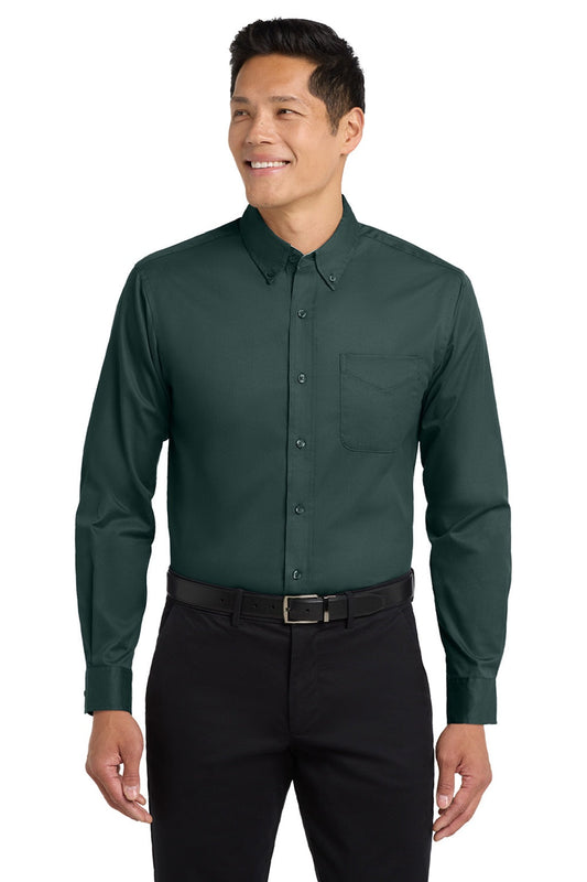 Mens Easy Care Wrinkle Resistant Long Sleeve Button Down Shirt w/ Pocket - Dark Green/Navy Blue