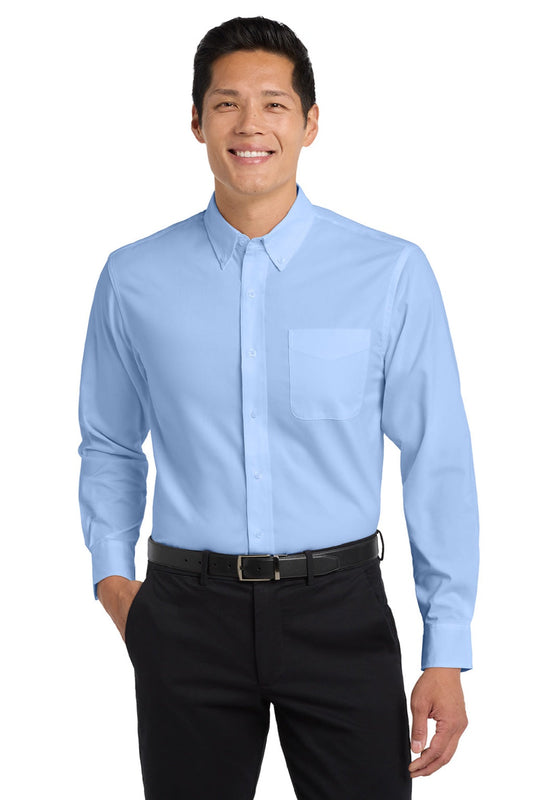 Mens Easy Care Wrinkle Resistant Long Sleeve Button Down Shirt w/ Pocket - Light Blue/Light Stone