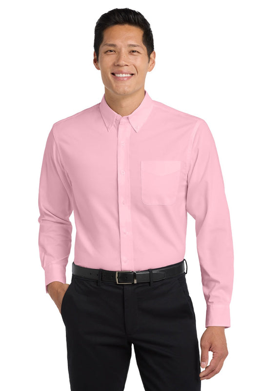 Mens Easy Care Wrinkle Resistant Long Sleeve Button Down Shirt w/ Pocket - Light Pink